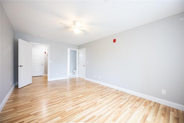 unfurnished bedroom featuring ceiling fan and light hardwood / wood-style flooring