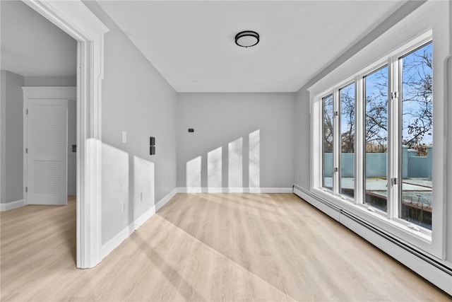 empty room with a baseboard radiator and light hardwood / wood-style floors