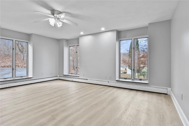 spare room with ceiling fan and light hardwood / wood-style flooring