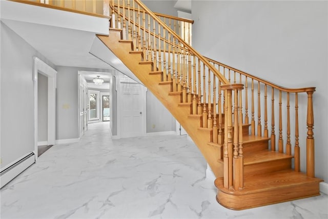 stairway with a baseboard radiator