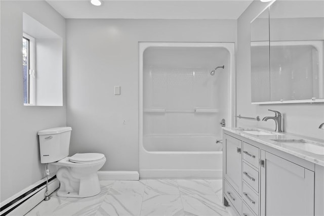 full bathroom featuring baseboard heating, vanity, bathtub / shower combination, and toilet