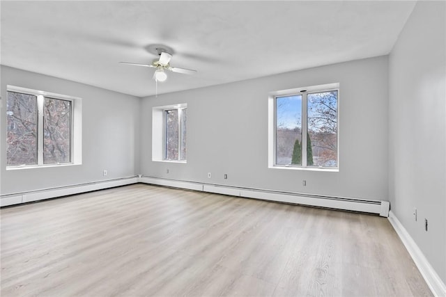 spare room with light hardwood / wood-style floors, baseboard heating, and ceiling fan