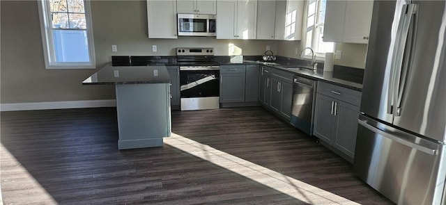 kitchen with appliances with stainless steel finishes, dark hardwood / wood-style flooring, gray cabinetry, sink, and a center island