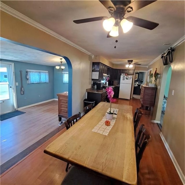 dining space featuring crown molding, hardwood / wood-style floors, and ceiling fan