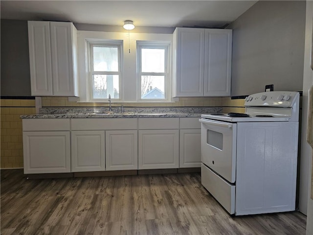 kitchen featuring sink, white electric range oven, light stone counters, light hardwood / wood-style flooring, and white cabinets