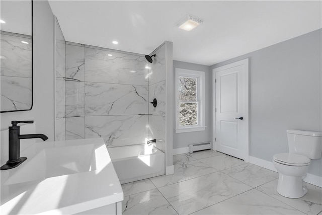 full bathroom with sink, a baseboard radiator, tiled shower / bath combo, and toilet