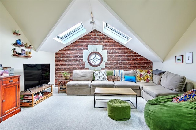 living room with carpet floors, brick wall, and vaulted ceiling