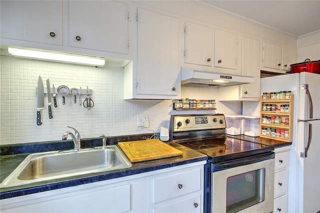 kitchen with decorative backsplash, white cabinetry, stainless steel electric range oven, and sink