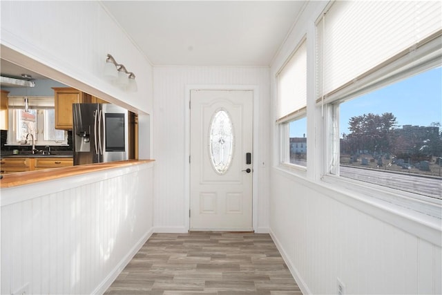 doorway to outside with light wood-type flooring, ornamental molding, and sink