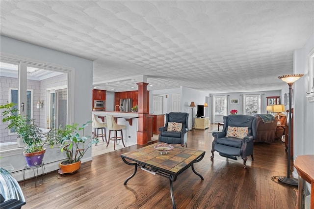 living room with decorative columns, wood-type flooring, plenty of natural light, and a baseboard heating unit