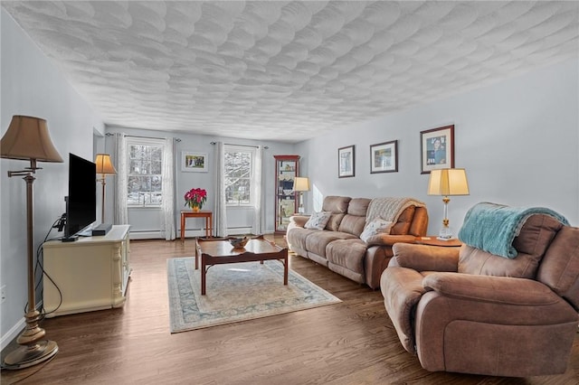 living room with hardwood / wood-style floors and a textured ceiling