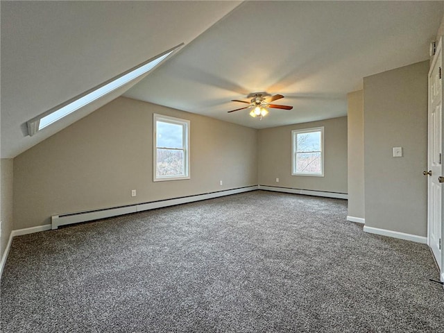 bonus room featuring carpet, vaulted ceiling with skylight, plenty of natural light, and ceiling fan