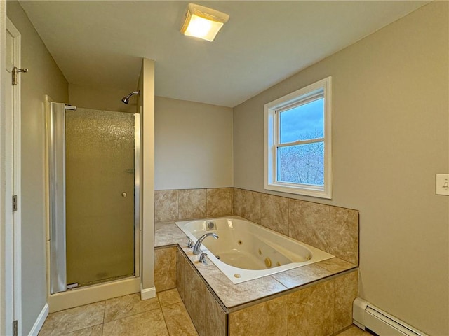 bathroom with tile patterned floors, shower with separate bathtub, and a baseboard radiator