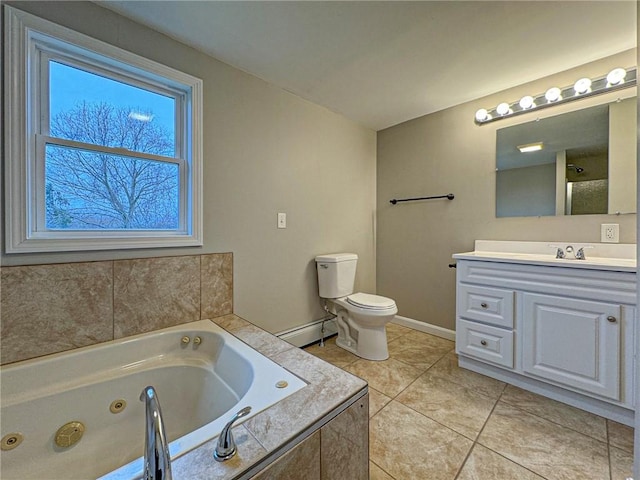 bathroom featuring vanity, tile patterned flooring, a relaxing tiled tub, toilet, and baseboard heating