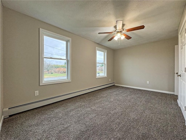 unfurnished room featuring ceiling fan, a baseboard radiator, a textured ceiling, and dark carpet