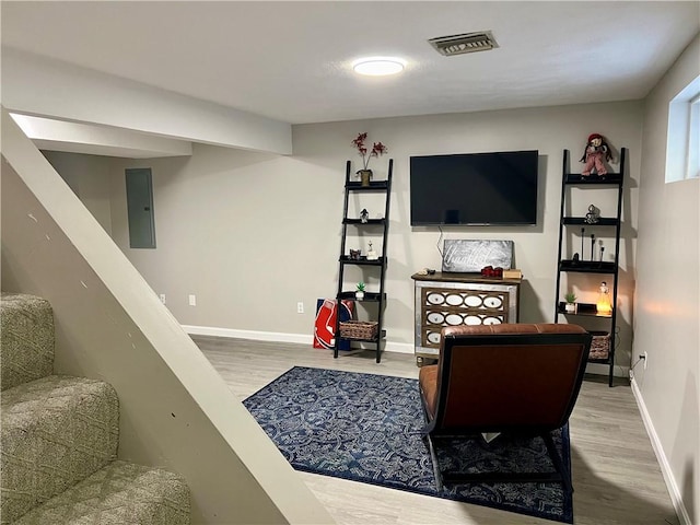 living room featuring electric panel and hardwood / wood-style flooring