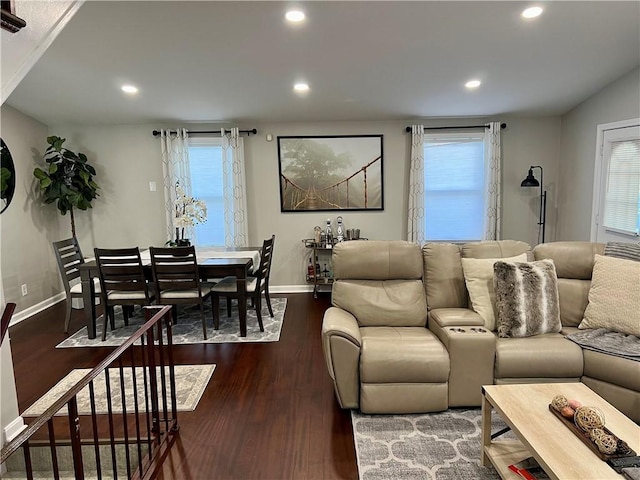 living room with dark hardwood / wood-style flooring