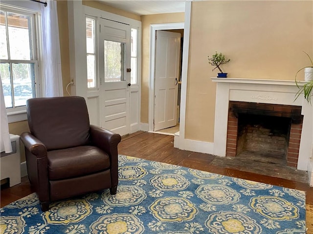 sitting room featuring a fireplace, radiator, plenty of natural light, and dark wood-type flooring