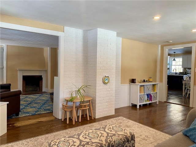 interior space featuring a fireplace, dark wood-type flooring, and sink