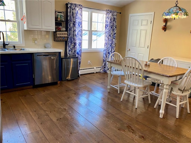 kitchen with backsplash, sink, hanging light fixtures, stainless steel dishwasher, and blue cabinetry