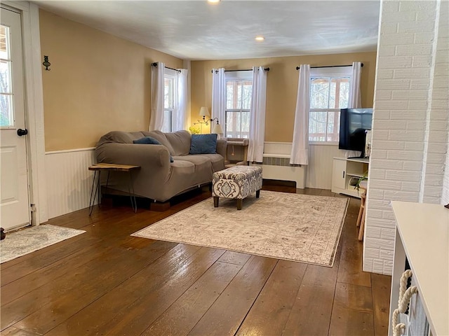 living room featuring dark wood-type flooring and radiator