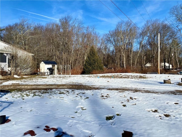 yard covered in snow featuring a shed