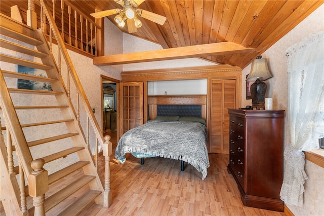 bedroom with ceiling fan, vaulted ceiling, wood-type flooring, and wooden ceiling