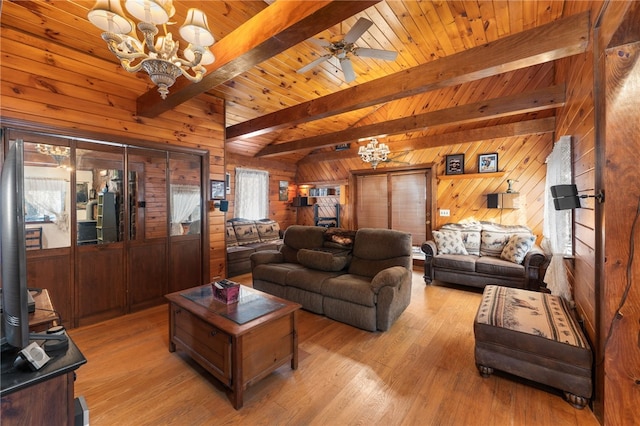 living room featuring beamed ceiling, wood walls, light wood-type flooring, and wood ceiling