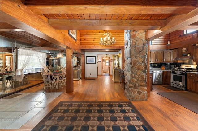 interior space with ventilation hood, stainless steel appliances, wood-type flooring, beam ceiling, and a chandelier