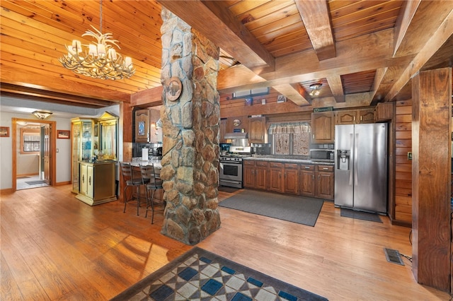 kitchen with stainless steel appliances, wooden walls, beam ceiling, decorative light fixtures, and a chandelier