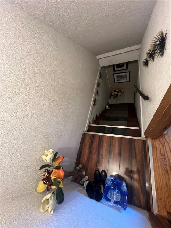 staircase featuring carpet flooring and a textured ceiling