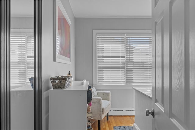 laundry area with crown molding, a baseboard radiator, and light hardwood / wood-style floors