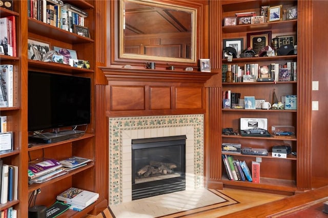 living room with a fireplace