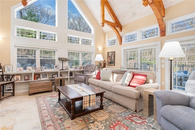 sunroom featuring a healthy amount of sunlight, vaulted ceiling with beams, and wooden ceiling