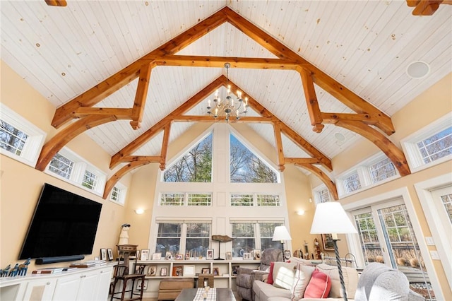 living room featuring wood ceiling, beamed ceiling, high vaulted ceiling, and a chandelier