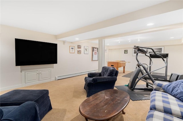 carpeted living room with a baseboard heating unit and beam ceiling