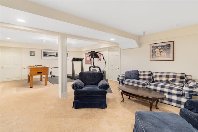 living room featuring light carpet