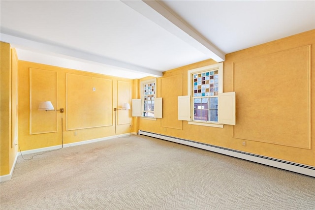 unfurnished room featuring carpet, beam ceiling, and baseboard heating