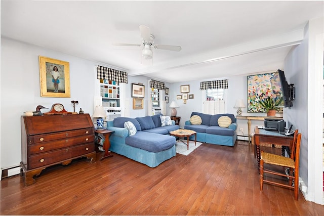 living room with ceiling fan, hardwood / wood-style floors, and a baseboard radiator