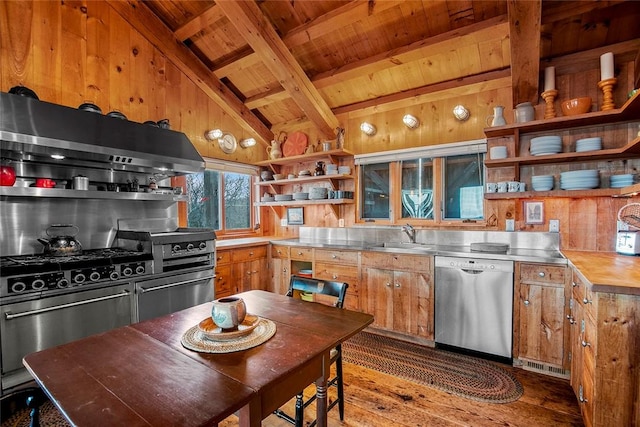 1635 Isabella Beach Rd, Southold, NY 06390 - kitchen featuring stainless steel counters, stainless steel dishwasher, open shelves, wooden ceiling, and dark wood-style flooring