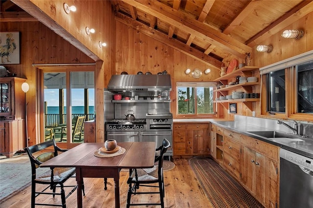 1635 Isabella Beach Rd, Southold, NY 06390 - kitchen featuring stainless steel appliances, wooden walls, wood ceiling, a sink, and light wood-style floors