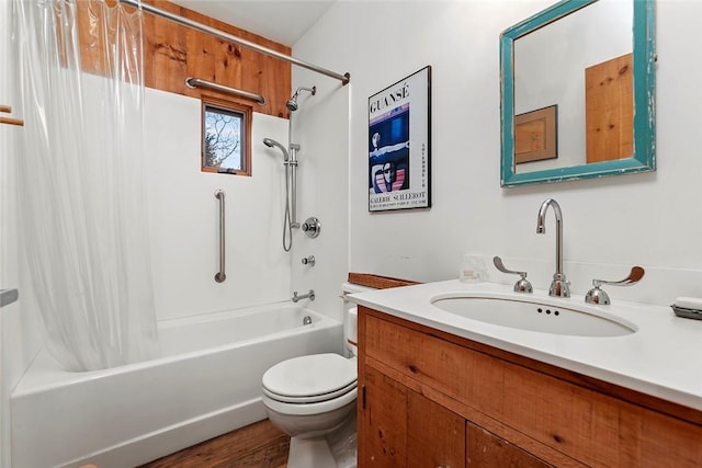 1635 Isabella Beach Rd, Southold, NY 06390 - full bath with shower / bathtub combination with curtain, toilet, vanity, and wood finished floors