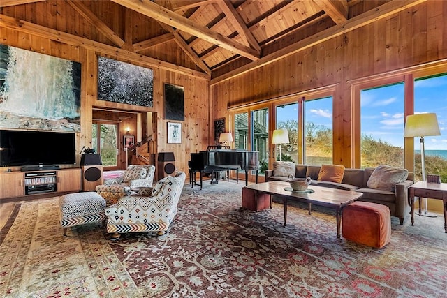 1635 Isabella Beach Rd, Southold, NY 06390 - living room with wooden ceiling with exposed beams, high vaulted ceiling, and wooden walls