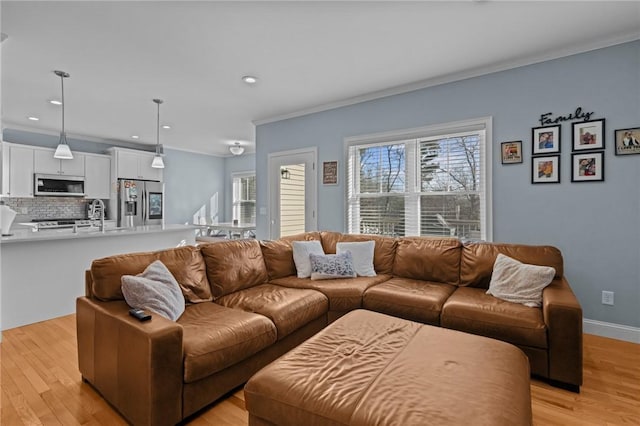 living room featuring sink, ornamental molding, and light wood-type flooring