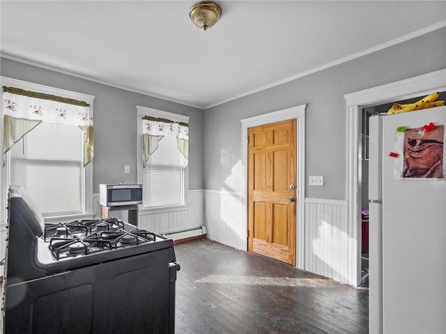 kitchen featuring ornamental molding, dark wood-type flooring, a baseboard heating unit, white refrigerator, and range