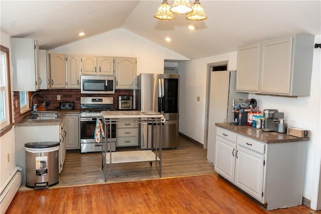 kitchen with sink, a baseboard heating unit, light hardwood / wood-style floors, decorative backsplash, and appliances with stainless steel finishes