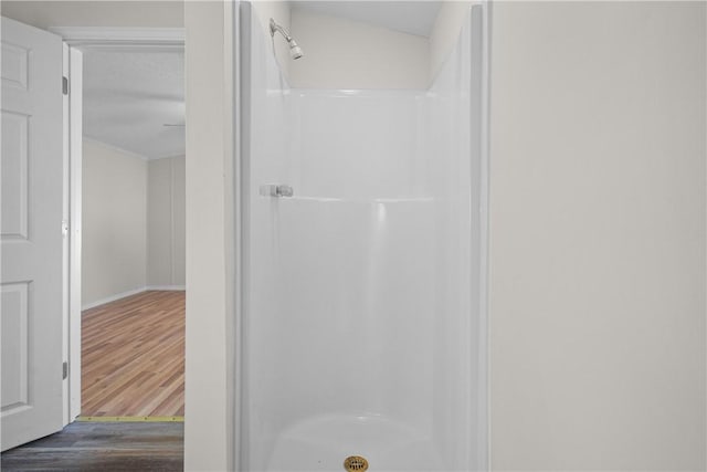 bathroom featuring wood-type flooring, a textured ceiling, and walk in shower