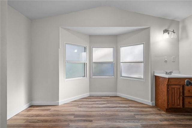 bathroom with hardwood / wood-style floors, vanity, and vaulted ceiling