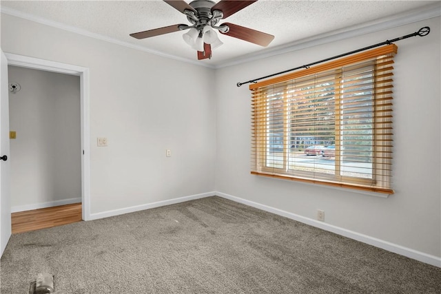 empty room featuring a textured ceiling, ceiling fan, carpet floors, and ornamental molding