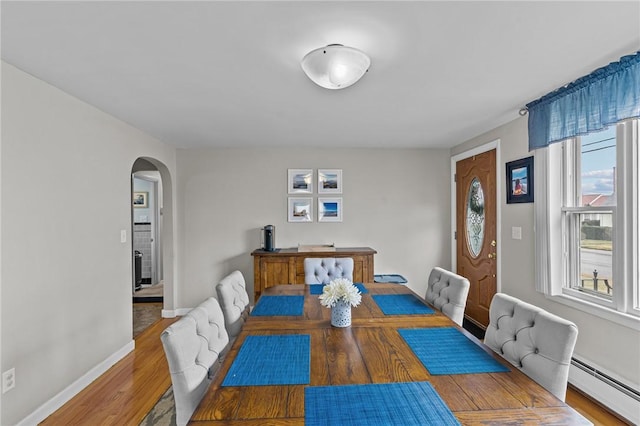 dining room with hardwood / wood-style floors and baseboard heating